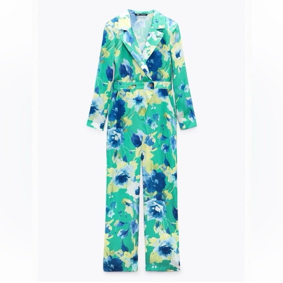 🦜 ZARA GREEN BLUE YELLOW FLORAL SATIN WIDE LEG LONG SLEEVE JUMPSUIT! - Picture 16 of 16